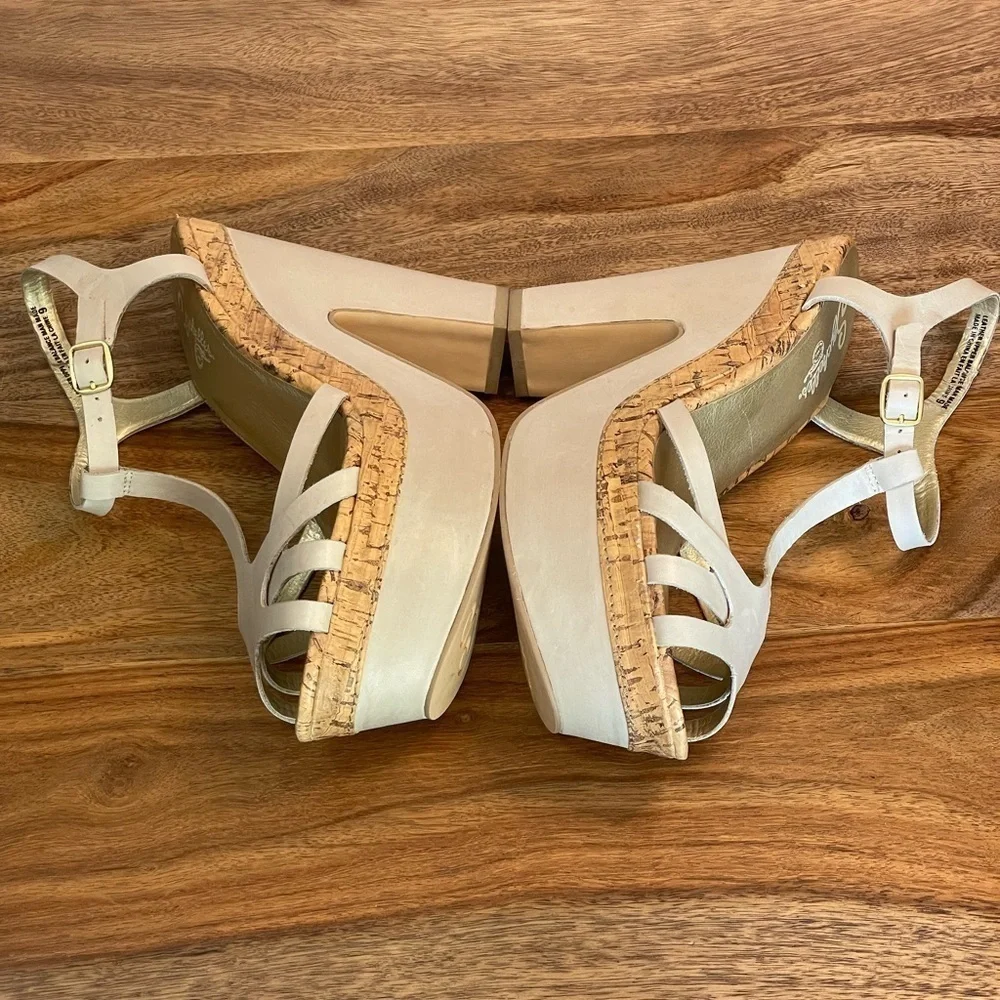 Seychelles Leather Cork T-Strap Platform Heel Strappy Sandals Taupe Off White‎ 9